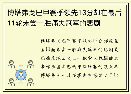 博塔弗戈巴甲赛季领先13分却在最后11轮未尝一胜痛失冠军的悲剧